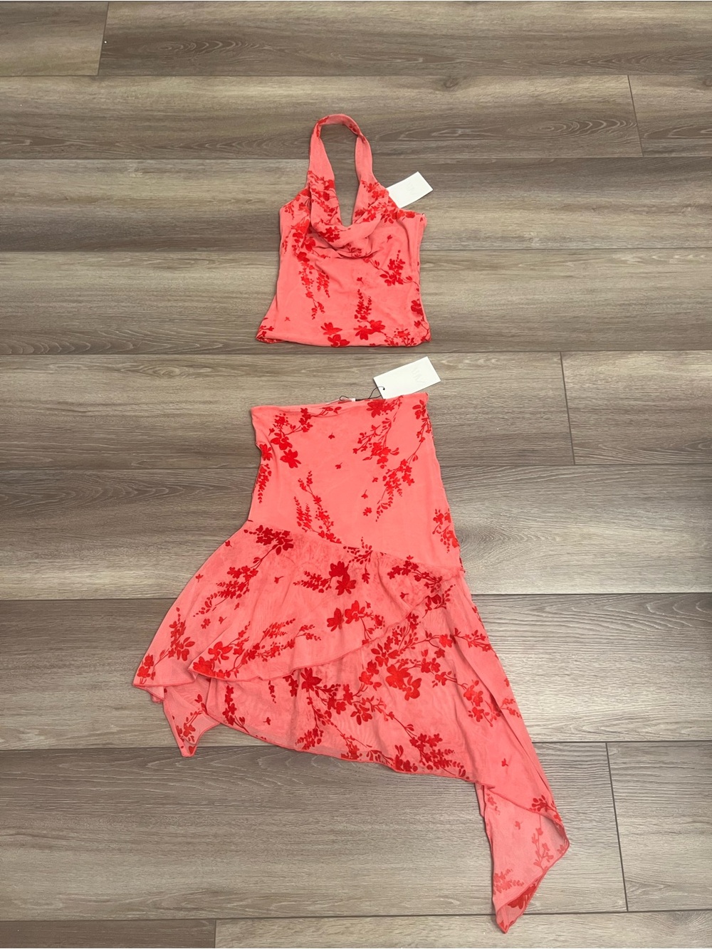 Zara Coral Pink Floral Halter Crop Top & Asymmetric Skirt Set